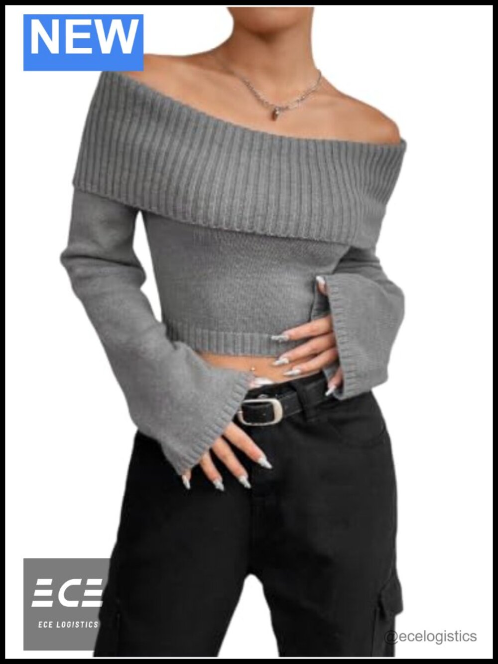 Rib-Knit Off The Shoulder Bell Sleeve Sweater